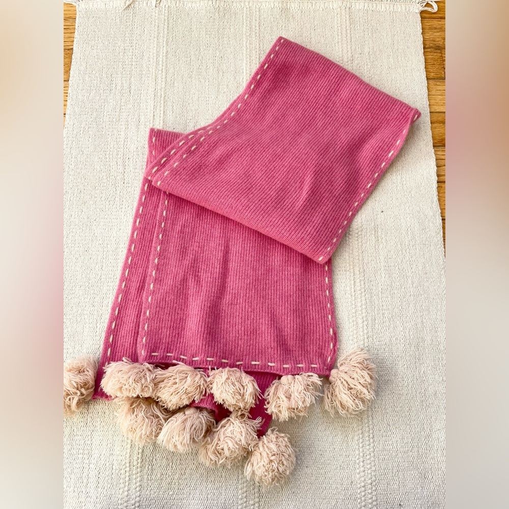Portolano Italian 100% Cashmere Pink PomPom Knit Scarf 9x 60” Y2K Scandi